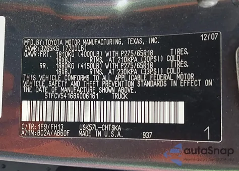 2008 Toyota Tundra Base 5.7L V8 z USA, uszkodzony, nr VIN 5TFCV54168X006161